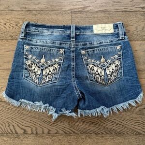 Miss Me Mid Rise Sequin Rhinestone Pocket Frayed Hem Shorts
